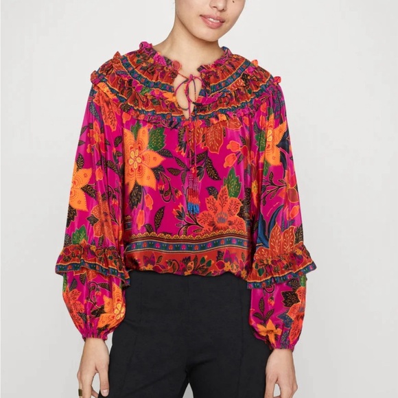Farm Rio Tropical tapestry long sleeve ruffle top - Picture 3 of 3